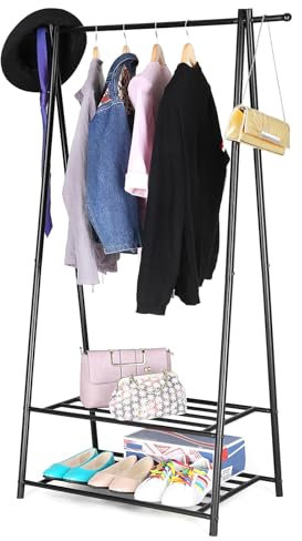 SONGMICS Kleiderständer, Garderobenständer, Garderobe, 2 Ablagen für Schuhe und Boxen, Metallgestell, platzsparend, ideal für Schlafzimmer, Flur und Büro, schwarz HSR05B