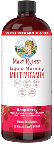MaryRuth Organics, Liquid Morning Multivitamin Essentials+, Vitamine e Minerali Essenziali, Senza Zucchero, Gusto Lampone, 946ml, Vegan, Senza Glutine