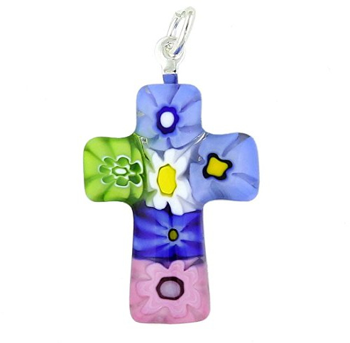 Glass Of Venice Halskette mit Millefiori-Kreuz-Anhänger aus Muranoglas für Damen. 1 mehrfarbiges Glaskreuz mit versilberter Öse - Muranoglas-Schmuckgeschenke, handgefertigt in Italien