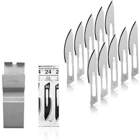 May Skalpellklingen Figur 24 inkl. Abzieher Halter 4 10 Stk | 10 sterile Karbonstahlklingen mit praktischem Klingenabzieher. Passgenau für Griff Nr. 4, ideal für DIY und Fußpflege.