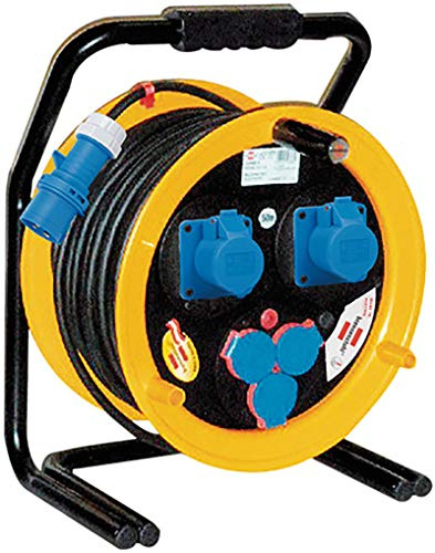 Brennenstuhl 1319026 Avvolgicavo Industriale 50 M Brobusta Cee 2, Cavo Cantiere, Spina Cee 3 Poli 230V, Prese Autochiudenti (3 Schuko + 2 Cee 3 Poli) Ip44, Giallo
