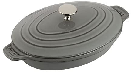 Staub Cast Iron 9-inch x 6.6-inch Oval Covered Baking Dish - Graphite Grey, Made in France