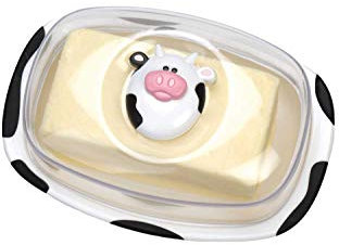 Joie Moo Moo Cow Butter Dish – 1 lb Large Capacity Plastic Butter Holder with Clear Lid, Cute Farmhouse Kitchen Storage Container, White & Black