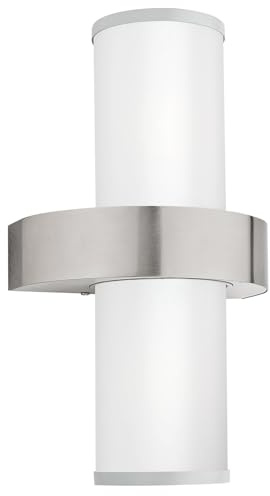 EGLO Außen-Wandlampe Beverly, 2 flammige Außenleuchte, Wandleuchte aus Edelstahl in Silber und Glas in Weiß satiniert, E27 Fassung, IP44