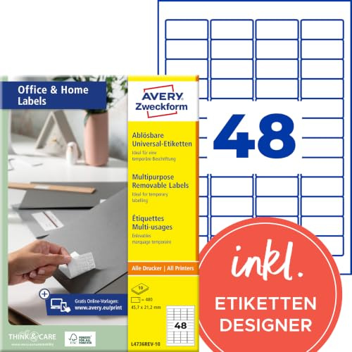 AVERY Zweckform L4736REV-10 Universal Etiketten (480 Klebeetiketten, 45,7x21,2 mm auf A4, wieder rückstandsfrei ablösbar / abziehbar, individuell bedruckbare, selbstklebende Aufkleber) 10 Blatt, weiß