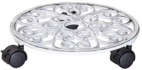 Wagner Pflanzenroller ANTIK Ø 29 x 6,5 cm I Pflanzenroller & Blumenroller für Außenbereich + Innenbereich, weiß I Kübelroller aus Gusseisen mit 2 Feststellern I Tragkraft 50 kg – 20092301