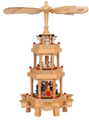 Spielwerk® 3-Storey German Christmas Pyramid Windmill | Hand-Painted Rotating Christmas Decorations for Home | Traditional Advent Candle Holder | Classic Home Décor for Festive Xmas Display | Brown