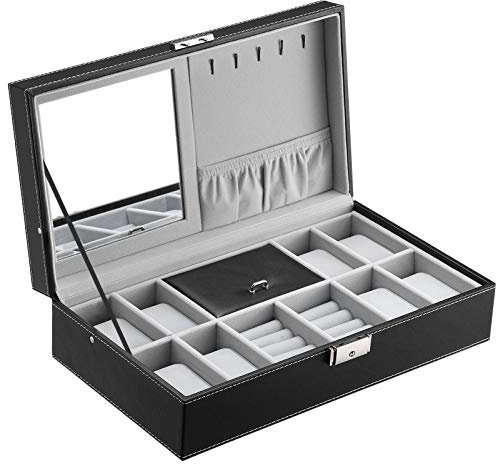 SONGMICS Uhrenkoffer mit Spiegel Haken Schwarz 8 Uhren JWB41B