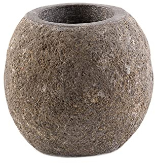 wohnfreuden Naturstein Zahnputzbecher grau rund 10 cm - Badezimmer Natursteinbecher 12 cm hoch Naturfarben