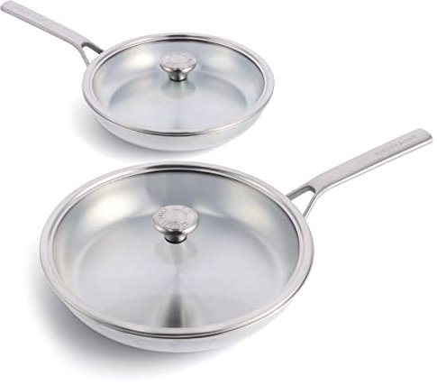 Merten & Storck Tri-PLy Batteria di Pentole 2 Pezzi con Coperchi,26cm & 30cm,a Induzione in Acciaio Inox,sicure per gli utensili in metallo,Multi Clad,lavabili in lavastoviglie e in forno,Argento