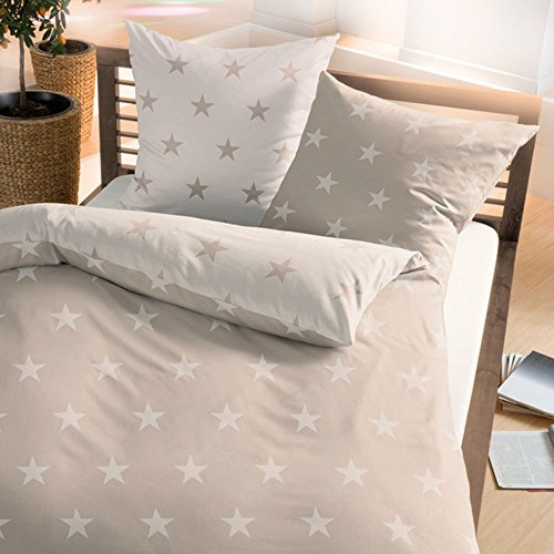 G Bettwarenshop Moderne Biber Bettwäsche Stars Natur aus 100% Baumwolle mit Reißverschluss 200x200 cm + 2X 80x80 cm