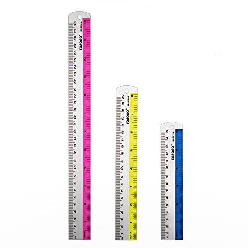 Yosogo-Set aus 3 Aluminiumlinealen von 6 , 8 und 12 in Zoll- und cm-Skala mit Aufhängeloch (zufällige Farbe).