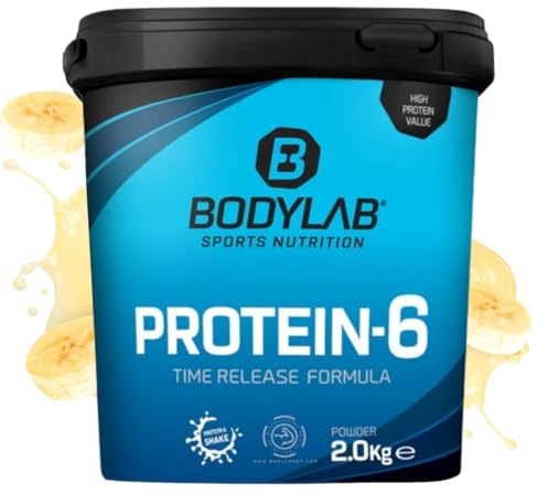 Bodylab24 Protein-6 Banane 2kg, Mehrkomponenten Protein-Pulver, Eiweißpulver aus 6 hochwertigen Eiweiß-Quellen, Protein-Shake für Muskelaufbau