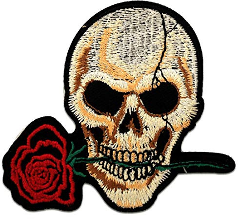 Catch the Patch Totenkopf Mit Rose Aufnäher zum Aufbügeln 8,4 x 7,5 cm Bügelbild für Erwachsene mit Peace Frieden, Bügelpatch Patches Bügelflicken