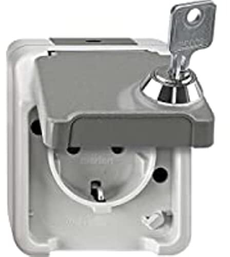 Schneider Electric Merten Aquastar abschließbare Schuko-Steckdose mit Klappdeckel, 1-fach, Aufputz, IP44, lichtgrau, Artikelnummer MEG2423-8029