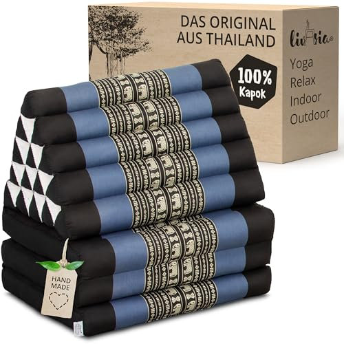 livasia Thaikissen 3 Auflagen extrahoch - 185x55x8cm - Dreieckskissen mit Klappmatratze, Kapok, Jumbo Rückenkissen faltbar, Thaimatte Klappen, handgefertigt, Meditationskissen (Blau/Elefanten)