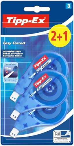 Tipp-Ex Korrekturroller Easy Correct zum seitlichen Korrigieren, 12m x 4.2mm, 3er Pack, Ideal für das Büro, das Home Office oder die Schule