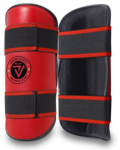 Red shin pads semi contact kick boxing shin protector shin guards MMA UFC Kids kickboxing shin pads, Adult Martial Arts shin protectors (Large/adults)