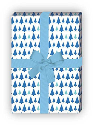 Kartenkaufrausch Grafisches Weihnachtspapier Set, Dekor Geschenkpapier zu Weihnachten mit Weihnachtsbaum Musterpapier, Designpapier zum Einpacken, basteln, 4 Bögen, 32 x 48cm, in blau