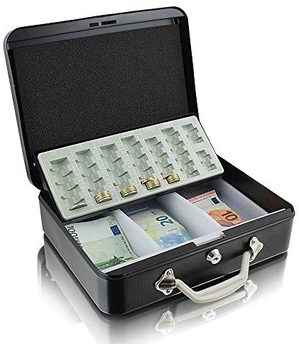 Stahl Geldkassette 30 cm groß, Geldkoffer, flach abschließbar Transportkassette Schwarz 300mm x 240mm x 90mm (B/T/H)