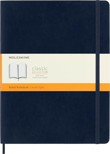 Moleskine Classic Notebook, Taccuino a Righe, Copertina Morbida e Chiusura Elastica, Formato XL 19 x 25 cm, Colore Blu Zaffiro, 192 Pagine
