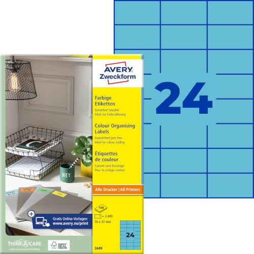AVERY Zweckform 3449 Blaue Etiketten (2.400 Aufkleber, 70x37mm auf A4, permanent haftend, selbstklebende Farbetiketten, Papier matt, bedruckbare, farbige Klebeetiketten) 100 Blatt