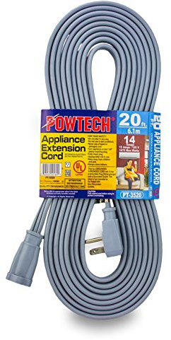 POWTECH Heavy duty 20 FT Air Conditioner and Major Appliance Extension Cord UL Listed 14 Gauge, 125V, 15 Amps, 1875 Watts GROUNDED 3-PRONGED CORD