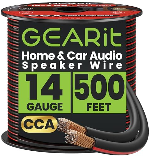 GEARit 14 Gauge Speaker Wire 500ft,Flexible Speaker Cable with Foot Markers & Polarity Markings,14 Gauge Wire for Car Audio & Home Theater Speakers,Audio Cable for DIY Installations,CCA(Black)