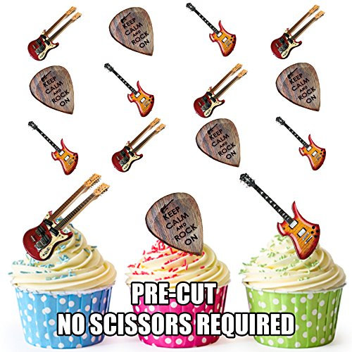 AK Giftshop PRE-CUT Keep Calm and Rock On Electric Guitar Mix Cake Decorations - 12 Edible Wafer Cup Cake Toppers