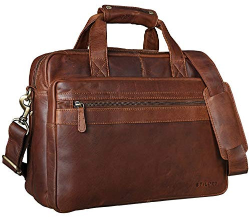 STILORD 'Adventure' Lehrertasche Herren Damen Aktentasche Office Büro Schulter- oder Umhängetasche Businesstasche für Laptop Leder, Farbe:cognac - dunkelbraun