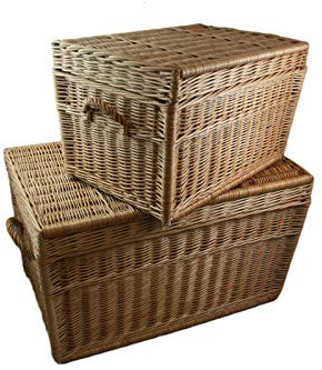 Zwei Korbtruhen Weidenkorb Set 80cm und 60cm. Handgefertig Truhe aus Weide mit Deckel braun natur. Durch die Griffe an den Seiten ist er einfach zu verschieben