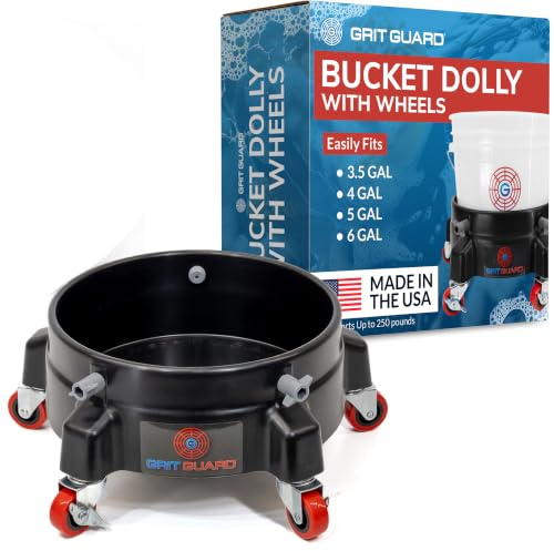GRIT GUARD Bucket Dolly with Wheels - Rolling Detailing Wash Bucket with 5 Wheels and 2 Locking Casters Compatible with 2.5, 4, 5 and 6 Gallon Buckets (Black, 2 Red Casters) - Made in the USA