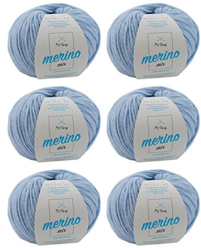 Merino Wolle stricken - Merino Wolle eisblau (Fb 82677) - 6 Knäuel hell blaue Wolle Merino - Wolle Mix + GRATIS MyOma Label - 50g/120m - MyOma Wolle - weiche Wolle - Merino Garn