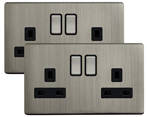 2 x Double Wall Socket Switched Gloss Brushed Chrome 2 Gang Screwless 13a Double Pole N410DME