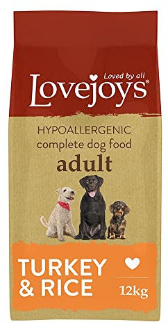 Lovejoys Complete Dry Dog Food Hypoallergenic Recipe, Turkey & Rice, 12kg - Wheat-Free Dried Dog Biscuits and Sensitive Dog Food Dry