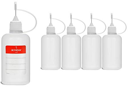 Octopus 5 x 50 ml Nadelflaschen für Flüssigkeiten, Öle, Tinten, Farben und Klebstoffe, leere LDPE Kunststoffflaschen mit weißen Nadelkappen, inkl. Etiketten | Flexible Quetschflaschen mit Etiketten für Alcohol Inks, Tinten, Liquids, Aroma-Öle, Nail Art und Farben