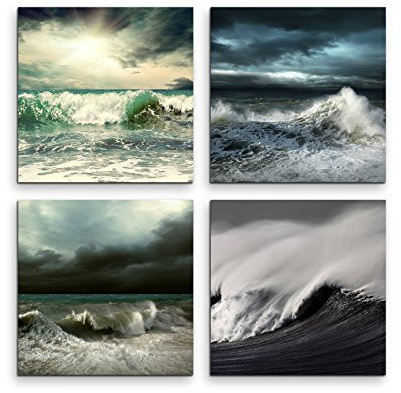 Paul Sinus Art 4 teiliges Leinwandbild je 30x30cm - Unwetter Meer Wellen Sturm