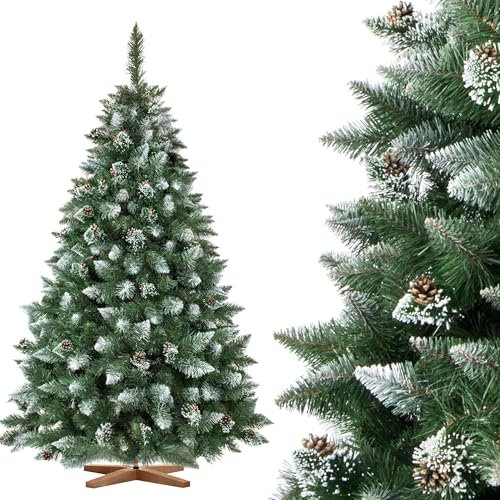 FAIRYTREES Weihnachtsbaum künstlich Kiefer, Natur-Weiss beschneit, Material PVC, echte Tannenzapfen, inkl. Holzständer, 180cm