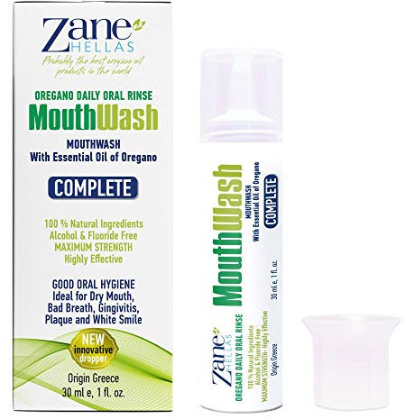 Zane Hellas MouthWash. Oral Rinse with Oregano Oil Power. Ideal for Gingivitis, Plaque, Dry Mouth, and Bad Breath. Alcohol and Fluoride Free. 100% Herbal Solution. 1fl.oz.-30ml.