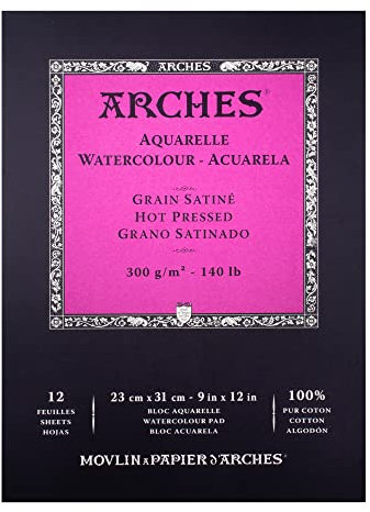 Arches 1795097 Aquarellpapier im Block (23 x 31 cm Kopfgeleimt 300g/m² Satiniert) 12 Blatt naturweiß