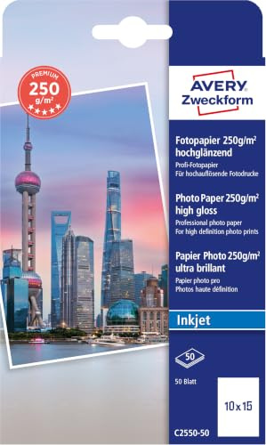 Avery Zweckform Art. C2550-50 Premium Inkjet Fotopapier (50 Blatt, 250 g/m², 10x15cm, hochglänzende Fotokarten, einseitig beschichtet, sofort trocken & wischfest, Fotoblätter für Inkjet-Drucker) weiß