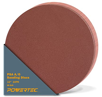 POWERTEC 10 PCS 80 Grit 12 Inch PSA Sanding Discs, Self Stick Adhesive Sandpaper, 12 for Drywall, Woodworking, Paint, Epoxy with Random Orbital Sanders, DA Sanders, 6x48 Belt Disc Sander (110600V)