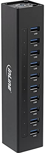Inline - Hub para USB 3.0 (Fuente de alimentación 4A, Carcasa de Aluminio, 10 Puertos), Color Negro