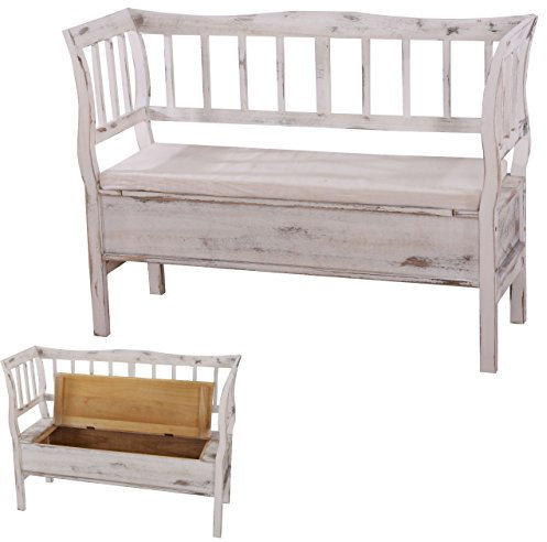 Mendler Sitzbank T207, Bank Truhenbank Holzbank Aufbewahrungstruhe, Staufach Kissen Holz 119cm - weiß, Shabby