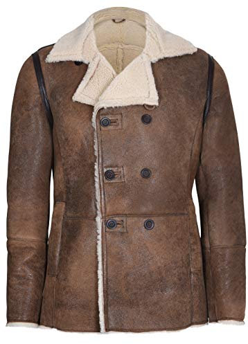 Infinity Herren Bräunen Rost zweireihiger Echt Schaffell PEA Coat L