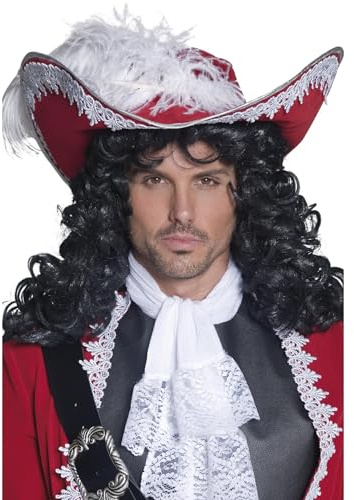 Smiffys Chapeau de pirate authentique, rouge, avec bordure argent et plume Halloween