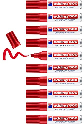 edding 500 Permanentmarker - rot - 10 Stifte - Keil-Spitze 2-7 mm - wasserfest, schnell-trocknend - wischfest - für Karton, Kunststoff, Holz, Metall, Glas