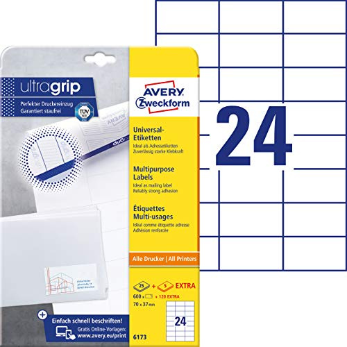 AVERY Zweckform 6173 Adressaufkleber (600 plus 120 Klebeetiketten extra, 70x37mm auf A4, Papier matt, bedruckbare Absenderetiketten, selbstklebende Adressetiketten mit ultragrip) 30 Blatt, weiß
