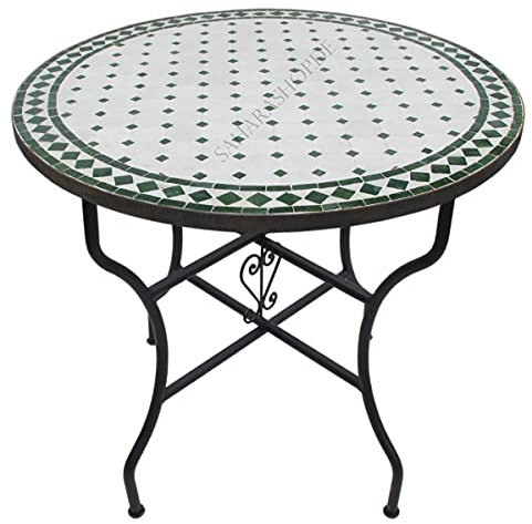 Saharashop Mediterraner Mosaiktisch Rund Ø 80 cm Grün-Natur, Terrassentisch, Gartentisch, Mediterraner Fliesentisch, Beistelltisch-Handarbeit, Balkontisch Bistrotisch Kaffeetisch