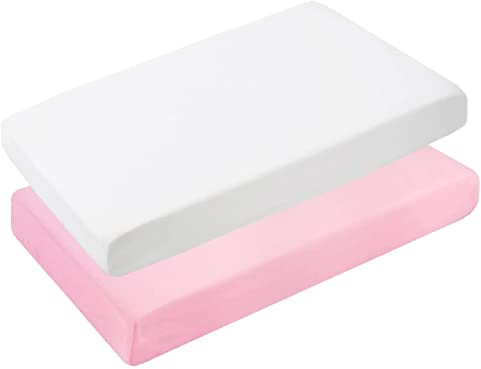 Dudu N Girlie Travel Cot Fitted Sheet 95 x 65 | Travel Cot Sheets 95 x 65cm | Hypoallergenic Toddler Bed Sheet Breathable Easy Care | Junior Bed sheets (Pack of 2, White & Pink)